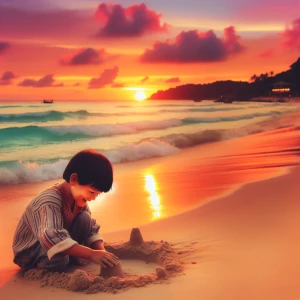 A serene beach scene at sunset with a child playing in the sand.
