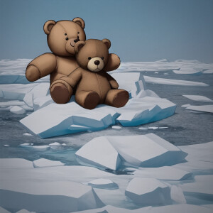 A Teddy bear In arctic lying down happly
 watching the sky