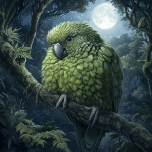 Create an illustration of a Kakapo, a nocturnal and flightless parrot with moss green feathers and a whiskered face, native to New Zealand, perched on a tree branch in a dense forest under moonlight.