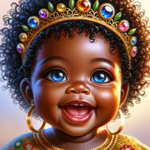 "Create a digital portrait of an adorable african-American baby girl with a joyful expression. She is wearing a gold crown with colorful jewels. Her big, bright blue eyes are wide with wonder, and her tiny mouth is shaped in a happy grin. Her skin has a warm, honey-brown tone, and she has an abundance of thick curly black hair, The background is soft and neutral to keep the focus on her delightful features. The portrait should be vibrant and heartwarming, celebrating the innocence and charm of childhood."