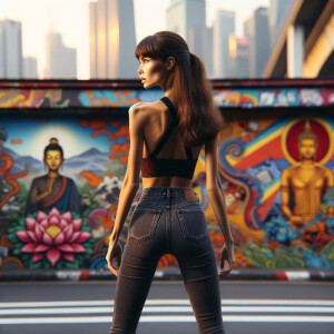 Athletic Thin skinny Attractive, Asian teenage girl, long brown hair and bangs, wearing tight skinny jeans and a halter top paint marks on her clothing, heroic pose Asian graffiti background, backside view