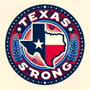 Create a logo with a circular design , using the Texas flag colo...