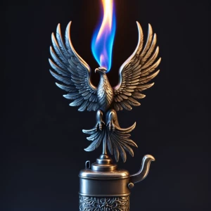 Photorealistic image of an antique silver lighter. The flame, bu...