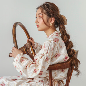 A cute asian woman sitting in a wooden chair
Brown ponytail
O...