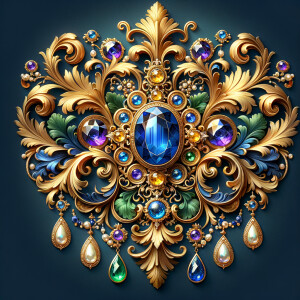 "Design an exquisite, baroque-style ornament composed of ornate gold scrollwork and flourishing acanthus leaves. Central to this design is a grand, oval-cut sapphire, surrounded by an intricate halo of smaller gemstones, including amethysts, emeralds, and pearls. Dangling elegantly from the central motif are various jeweled pendants and teardrop pearls, creating a sense of movement and opulence. The rich colors are set against a deep blue background, accentuating the gold's warm glow. Below this luxurious arrangement, the name 'KAREN' is displayed in an ornate gold script, reflecting the overall sumptuous aesthetic."