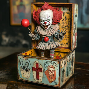 colorful antique jack-in-the-box toy. A macabre clown figure res...