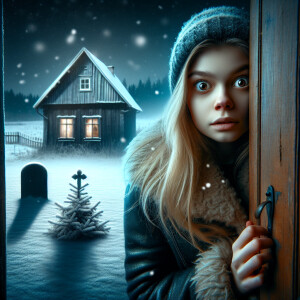 A girl with blond hair opens the door of a house, looks at a lon...