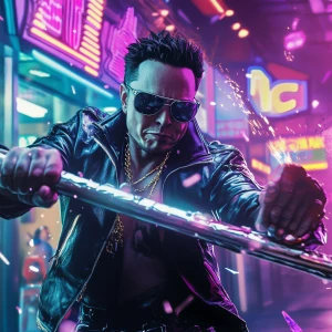 Elon Musk wearing sunglasses and a leather jacket, mid-swing wit...