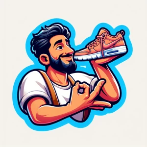 The logo should feature an animated man holding a pair of sneake...