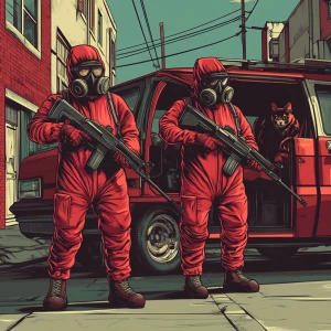 Two humanoid cats dressed in red hazmat suits and wearing gas ma...