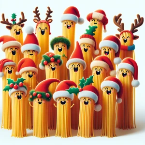 A chorus of animated spaghetti singing Christmas carols, each de...
