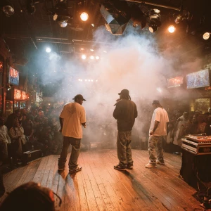 Three urban rap artists are standing in a circle at a small, smo...