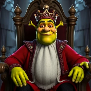 Create a digital portrait of Lord Farquaad, the antagonist from the Shrek film series, capturing his distinctive medieval attire, pompous expression, and short stature while sitting on his extravagant throne in Duloc Castle.