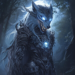 An eerie ghostly alien skeleton figure with elongated fangs, sur...