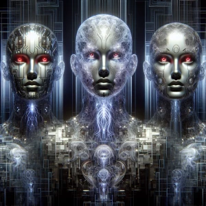 Three ghostly women, red eyes, red tears, pale skin, dark backgr...