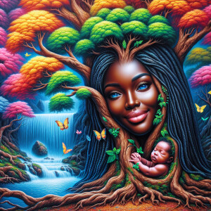 Create a close-up, hyper-realistic 3-D oil painting of a tree wi...