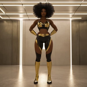 Capture a wide camera angle of a superheroine standing in an emp...