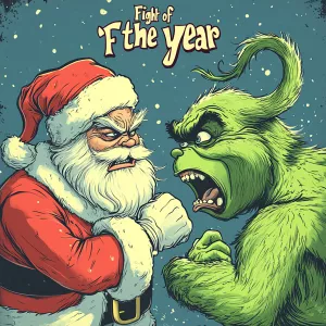 Generate a picture with Santa Claus on the left and the Grinch o...