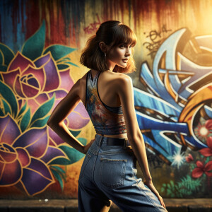 Athletic Thin skinny Attractive, Asian teenage girl, long brown hair and bangs, wearing tight skinny jeans and a halter top paint marks on her clothing, heroic pose Asian graffiti background, backside view