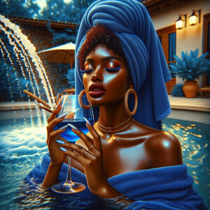 oil  painting : Patio landscape a jacuzzi on the patio blue wate...