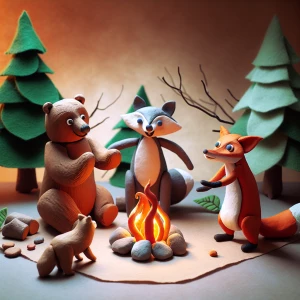 Three clay animals dancing around a campfire, with the flickering flames casting playful shadows on their carefully sculpted faces. Behind them, a forest scene features trees made from felt and wire, adding depth and texture to the set.