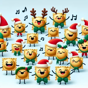 A chorus of animated ravioli singing Christmas carols, each deco...