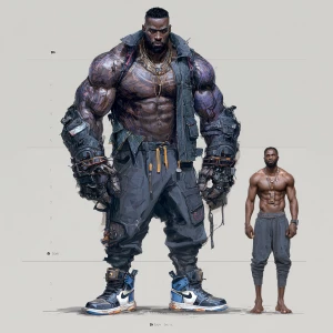 Create an image featuring a large, muscled figure with exaggerat...