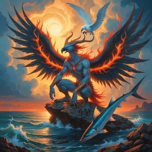 Imaginative, fantastical painting featuring a mythical creature...