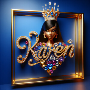 Craft a 3-D image showcasing the name 'KAREN' in a luxurious gol...