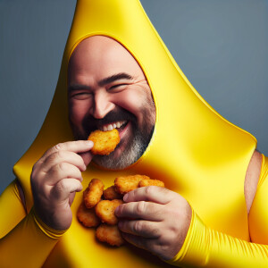 Danny Devito eating chicken nuggets in a banana suit