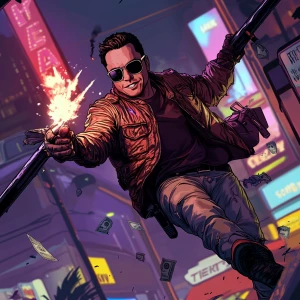 Elon Musk in GTA art style - wearing a torn tactical suit, holdi...