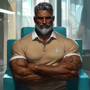 The image shows man white a bearded black, gray haired muscular...