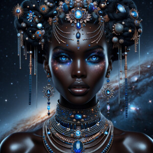 "Create a portrait of a regal African-American woman with an ethereal and cosmic theme. Her skin is a glossy ebony, with a smooth and flawless finish that reflects light. Her eyes are a striking electric blue, like sapphires, with a makeup that accentuates their shape and the intensity of their color. Her hair is styled into an intricate array of braids, coils, and twists that cascade down and frame her face, adorned with beads and jewels that catch the light. She wears an elaborate headdress made of swirling patterns and motifs that evoke the mysteries of the universe, studded with shimmering stones and intricate enamel work in hues of blue and gold. Her attire consists of a cascade of layered necklaces and a majestic, shoulder-grazing earring, each piece detailed with a mix of precious stones, metals, and intricate beadwork. The background is a tapestry of stars and nebulas, suggesting a connection to the cosmos. Her pose is serene, with a hand gracefully touching her chin, adorned with rings that complement her other jewelry, all coming together to suggest an aura of wisdom and grace."