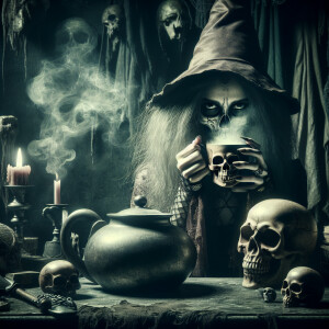 A horror-themed digital illustration of a witch drinking coffee...