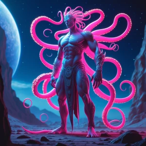 Captivating digital artwork of a neon-glowing, tentacled titan,...