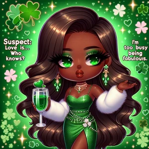 A chibi-style melanin rich skin tone African American character with a glammed-up look. The character is holding a cup of green liquid and shrugging. The quote says, "Suspect: Love is... who knows? I'm too busy being fabulous." The character has long, shiny hair styled in soft waves and is dressed in an ultra-glam green outfit with clovers, rhinestones, and sparkles. The character's face has a defined nose and full lips. The background features a festive touch with glitter, shamrocks, and soft glowing lights, creating a chic and vibrant vibe.