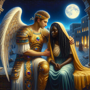 Create an oil painting image featuring a male angel and a grievi...