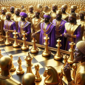 3-D realistic oil, painting, Oh a gold, and purple human chessbo...