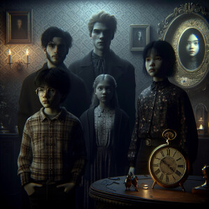 Four teenagers are standing in a dark room. The figure of a girl...