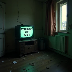 An uncomfortable vandalized room with a tube TV that says “GOVERNMENTS ARE GANGS” on the screen