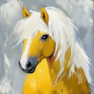 cute yet formidable feminine yellow horse with white mane, oil p...
