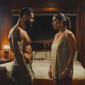 Hyperrealism art.A man(sweaty beefy muscular son in law)  standi...