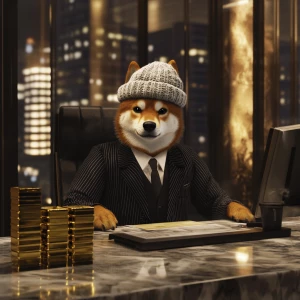 Dogwifhat meme Shiba Inu wearing a sleek pinstripe banker suit a...
