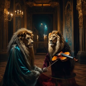 Three ethereal alien beings, distant planet, gracefully playing...