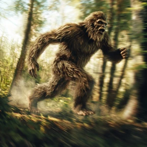 A humanoid looking haircovered sasquatch running fast through th...