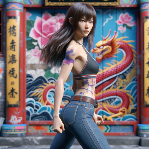 Athletic Thin skinny Attractive, Asian teenage girl, long brown hair and bangs, wearing tight skinny jeans and a halter top paint marks on her clothing, heroic pose Asian graffiti background, side view