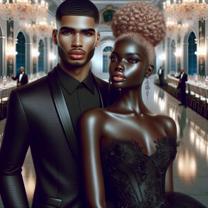 A light skin African American couple at a fancy ballroom event....