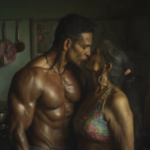 hyperRealism photo painting.a muscular sweaty indian employer ma...