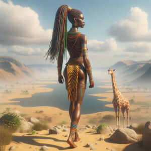 ancient landscape Ancient warrior woman Slimthick African American pretty face flawless skin long colorful braids, plus edges, fluxus art vibrant colors one  blue eye one green eye. Ancient attire sandal's striped giraffe