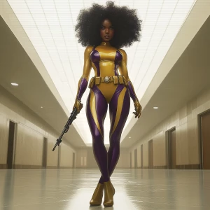 Capture a wide camera angle of a superheroine standing in an emp...